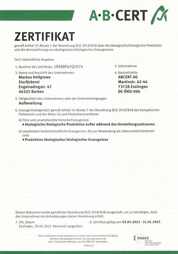 Bio Zertifikat Eierfärberei M. Hellgrewe